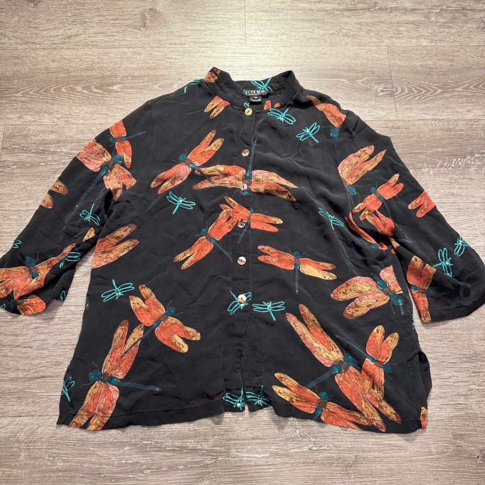 Citron Santa Monica Blouse Womens XL Black Dragonfly 100% Silk Artistic Boho